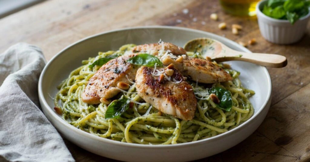 Chicken pesto pasta recipe with basil and Parmesan