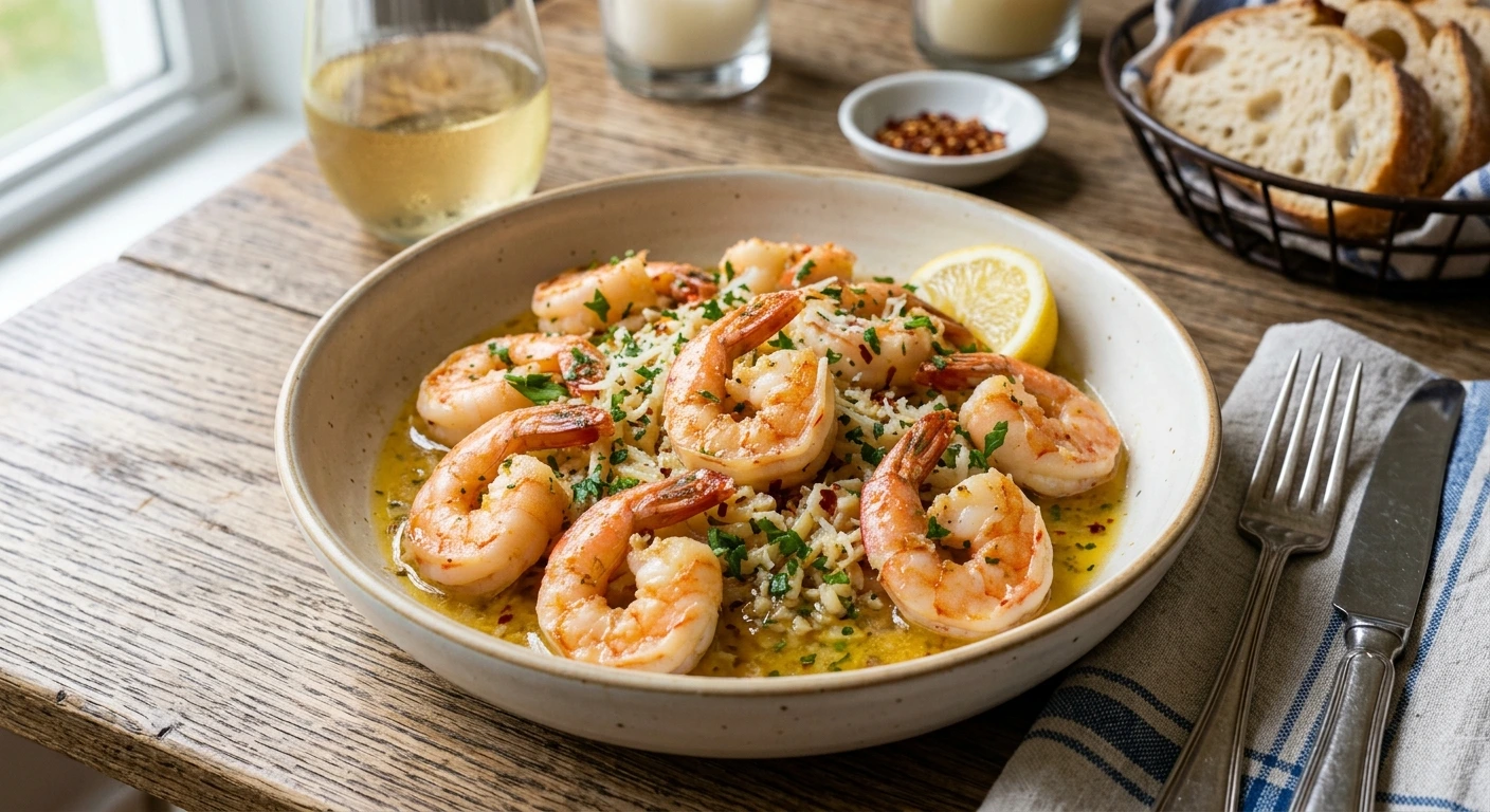 Plated garlic butter shrimp scampi garnished with fresh parsley, lemon wedges, and grated parmesan cheese served without pasta in a shallow ceramic bowl on a wooden table