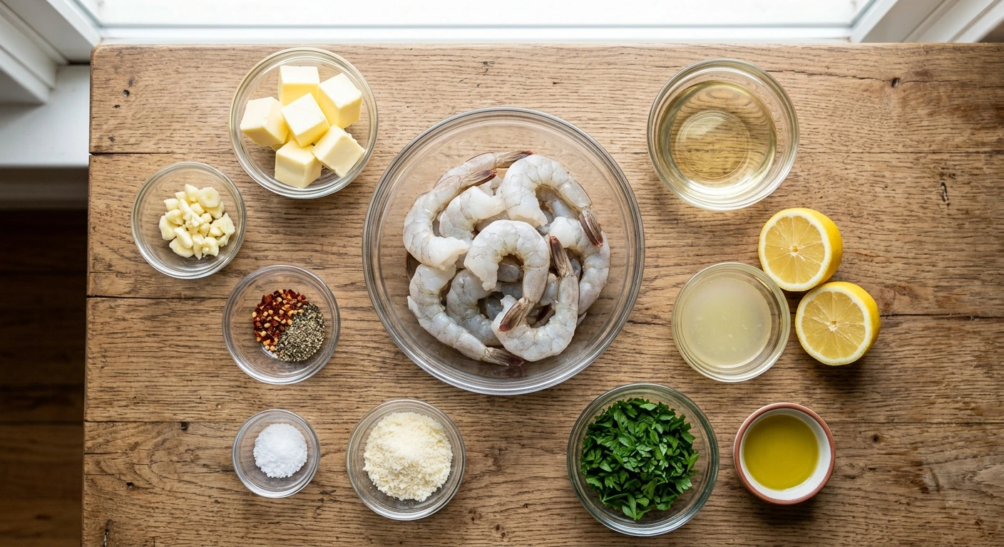 Top-down flat lay view of raw shrimp scampi ingredients prepped in small glass prep bowls on a wooden cutting board, including peeled shrimp, butter, minced garlic, white wine, lemon halves, olive oil