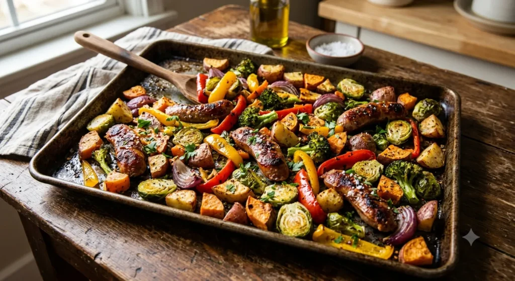 sheet pan sausage in serving position