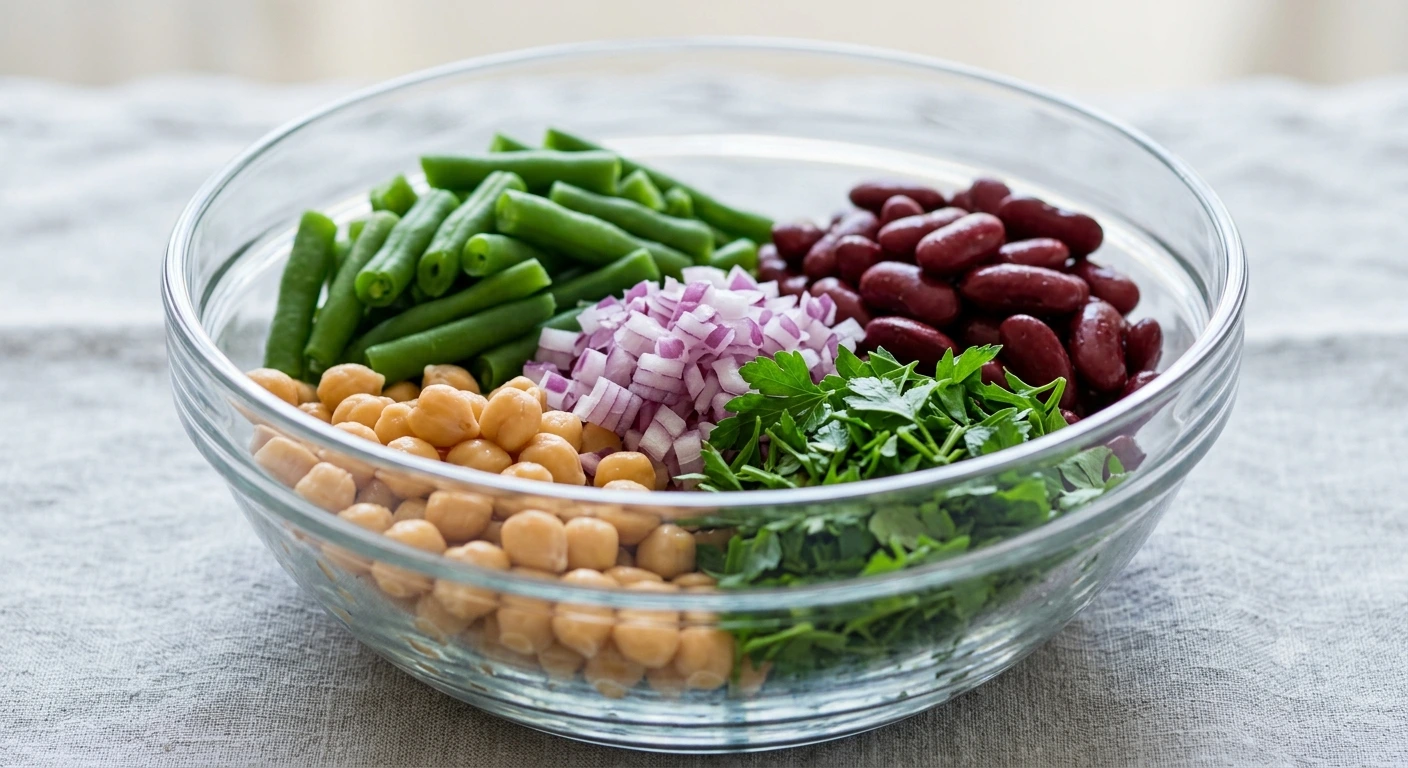 three bean salad recipe ingredients seprate in bowl