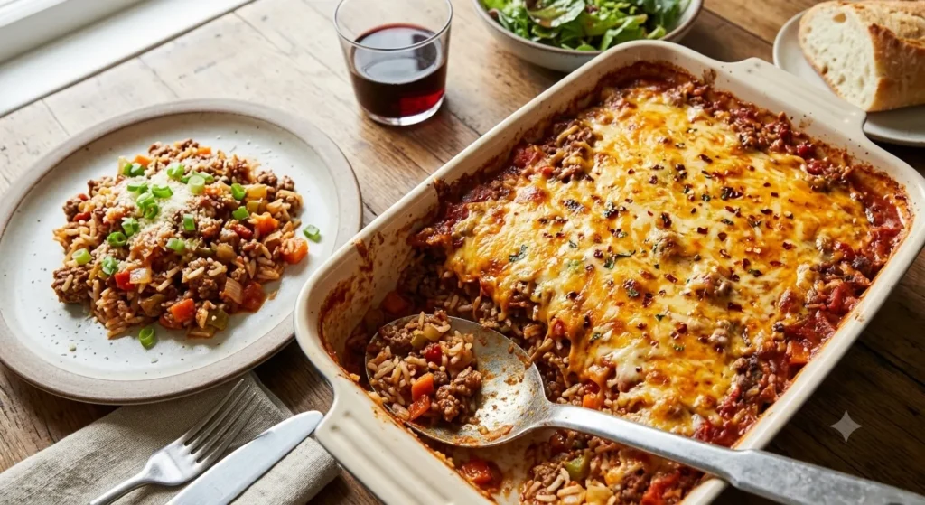 Ground beef and rice casserole with melted cheese, served with salad and bread