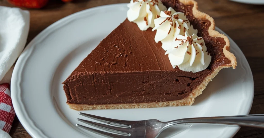 Slice of chocolate cream pie topped with whipped cream rosettes on a white plate