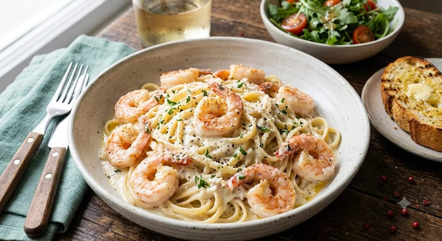 Creamy shrimp pasta with parmesan and parsley in a bowl, served with side salad and garlic bread