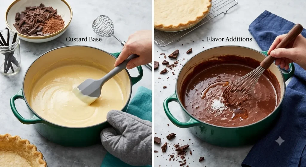 Two steps of making chocolate cream pie filling: stirring custard base, then whisking in melted chocolate and flavorings