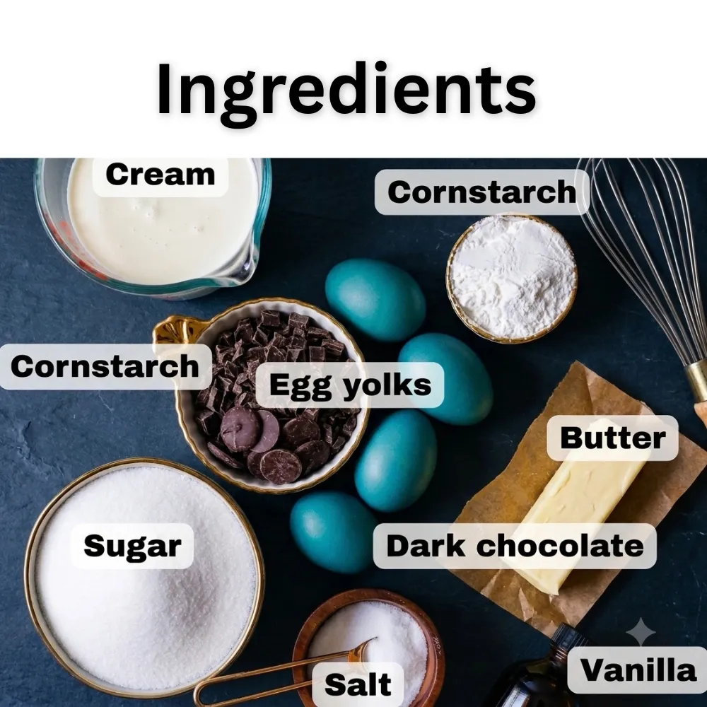 Ingredients for chocolate cream pie: cream, cornstarch, eggs, dark chocolate, butter, sugar, salt, and vanilla labeled on dark background