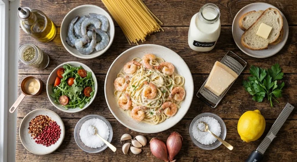 Creamy shrimp pasta with ingredients: raw shrimp, spaghetti, cream, parmesan, lemon, garlic, shallots, and herbs arranged on wooden table
