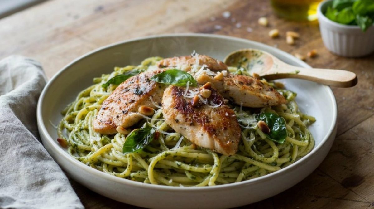 Chicken pesto pasta recipe with basil and Parmesan