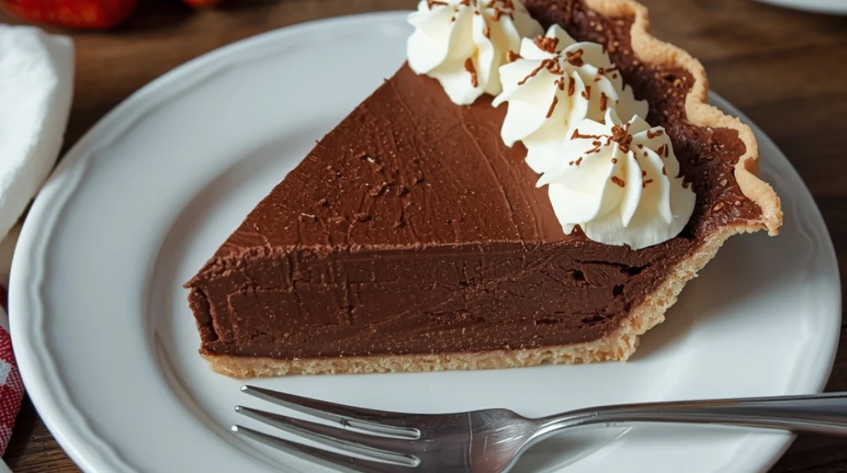 Slice of chocolate cream pie topped with whipped cream rosettes on a white plate