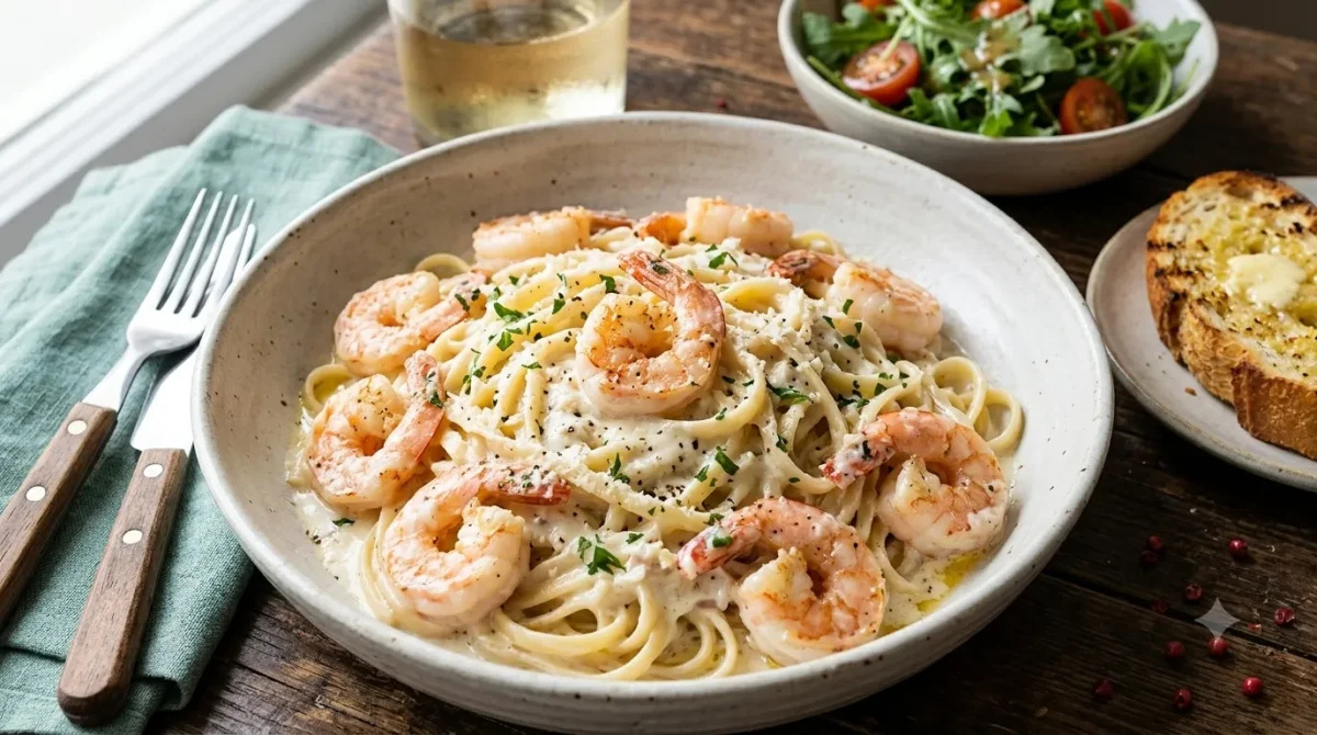 Creamy shrimp pasta with parmesan and parsley in a bowl, served with side salad and garlic bread