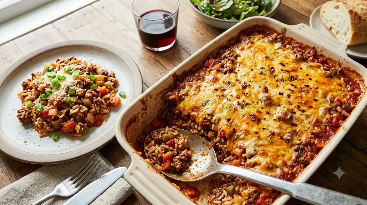 Ground beef and rice casserole with melted cheese, served with salad and bread