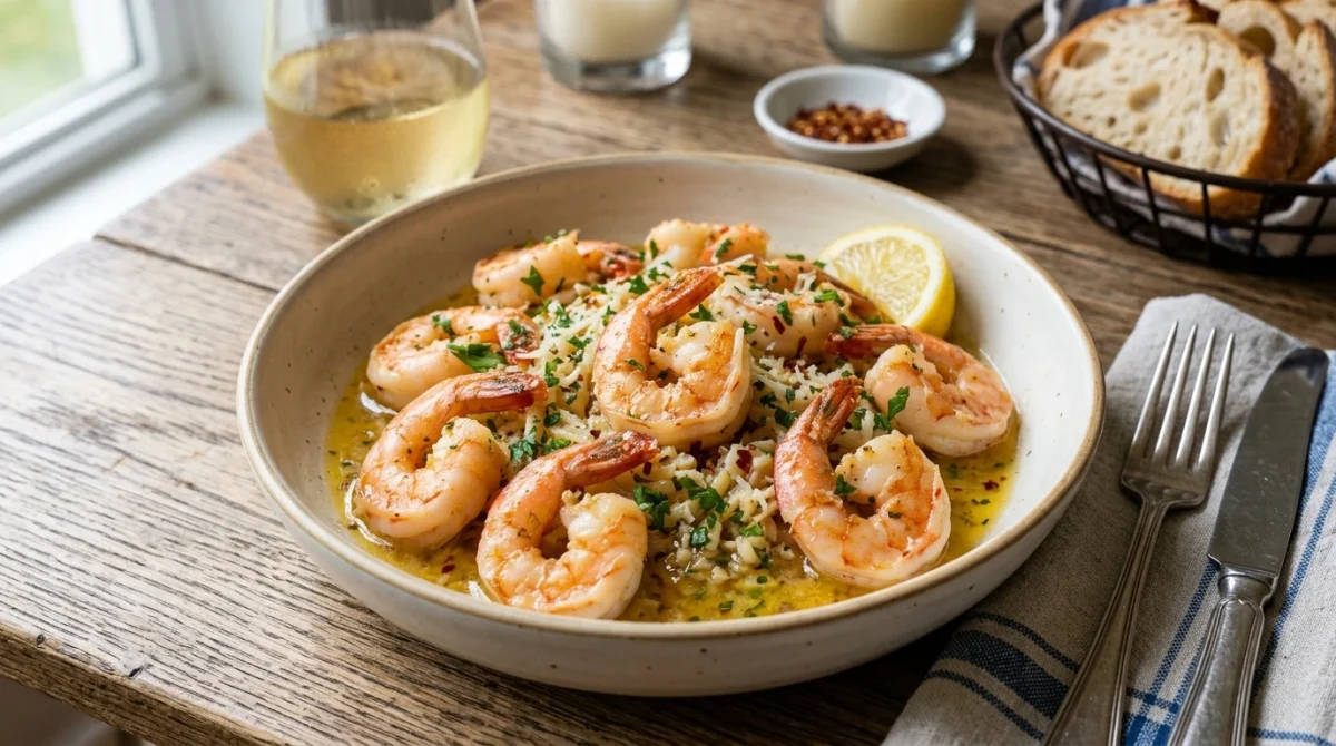 Plated garlic butter shrimp scampi garnished with fresh parsley, lemon wedges, and grated parmesan cheese served without pasta in a shallow ceramic bowl on a wooden table