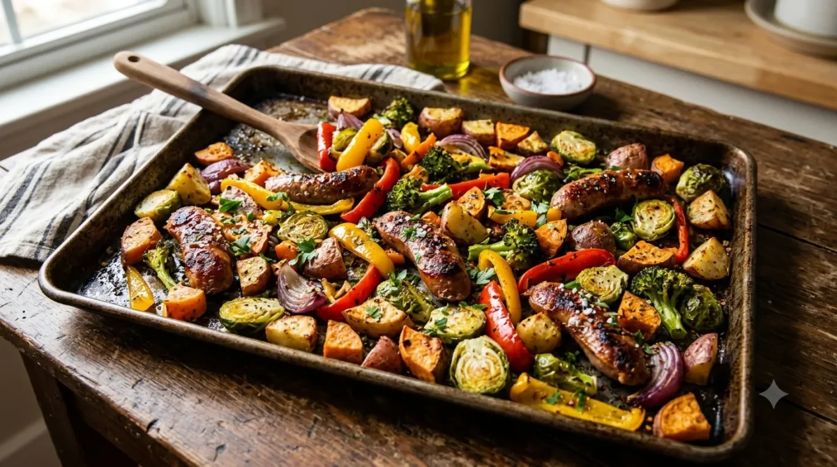 sheet pan sausage in serving position